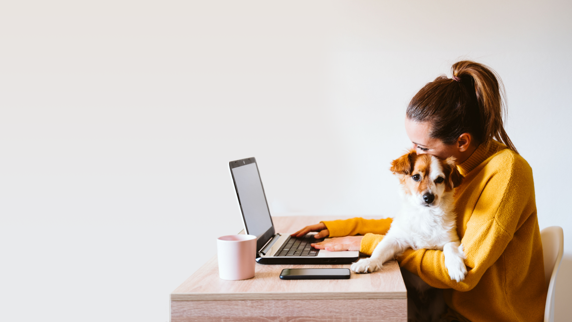 A woman in a yellow sweater works on a laptop while holding a small dog, possibly fresh from grooming. A pink mug and a smartphone are placed on the desk.