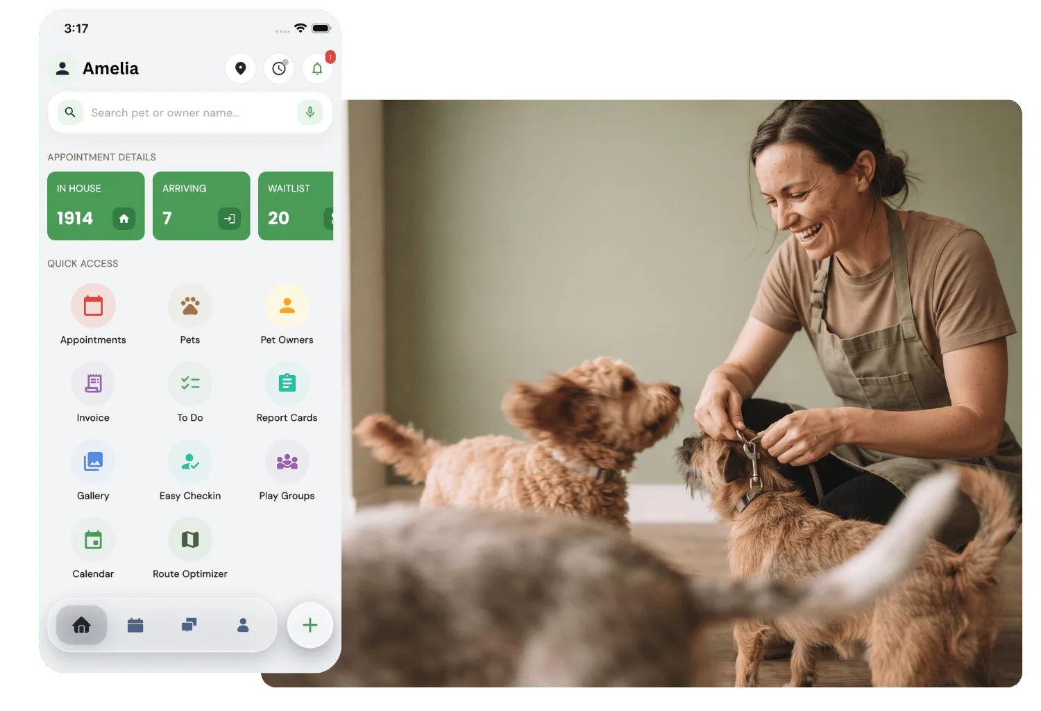 Smiling groomer adjusting a terrier's collar while a doodle looks on, beside a groomer staff app home screen showing in-house, arriving and waitlist counts and quick access to appointments, pets, report cards and route optimizer