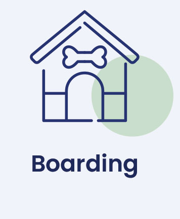 Icon of a doghouse with a bone above the entrance, accompanied by the word "Boarding" beneath it, representing comprehensive pet care.