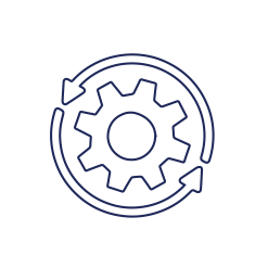 A blue outline of a gear with two curved arrows forming a circle around it, symbolizing process automation or continuous improvement in dog training.