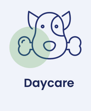 A simple line drawing of a dog with a bone crossed behind its head. The word "Daycare" is written below the image, encapsulating the essence of a welcoming dog daycare.