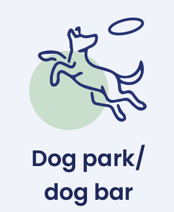 Illustration of a dog jumping to catch a frisbee, with text below reading "Dog park/dog bar and grooming.