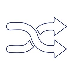 A blue line icon depicting an arrow merging and splitting with a twist in the center, resembling a symbol for shuffle or change, reminiscent of the dynamic nature of dog training.