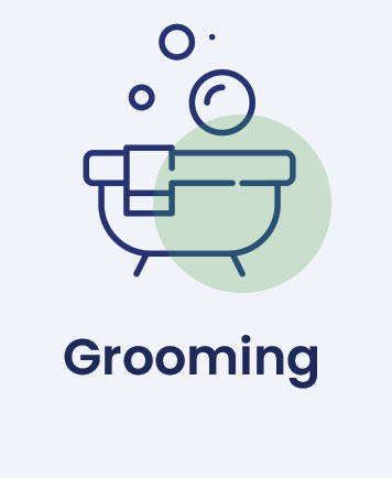 Icon of a bathtub with bubbles and a towel draped over the side, with the word "Grooming" below—a perfect touch for any dog daycare.