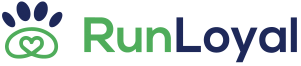 Logo for RunLoyal featuring a paw print icon and the text "RunLoyal" in green and blue, symbolizing premier dog daycare and pet care services.