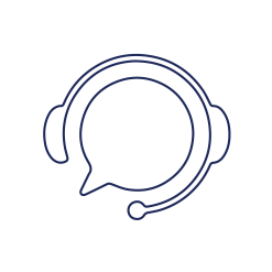 Outlined icon of a headset with a speech bubble, representing customer support or call center services, perfect for businesses in pet care or dog daycare.