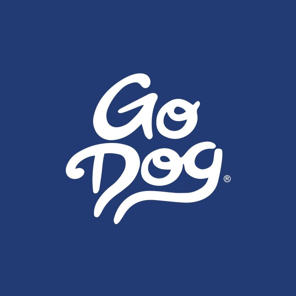 White text logo reading "Go Dog" on a solid blue background, perfect for any dog daycare or dog training facility.