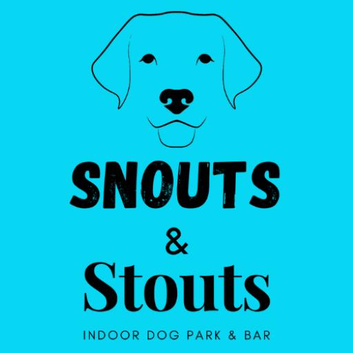A minimalist logo features an outline of a dog's face above the text "Snouts & Stouts" and "Indoor Dog Park, Bar & Pet Care" on a bright blue background.