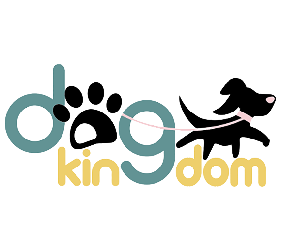 Logo for "Dog Kingdom" featuring a stylized dog. The 'g' forms a leash, and the 'i' is a pawprint. Colors include teal, black, pink, and yellow. Perfect for businesses offering grooming or dog daycare services.