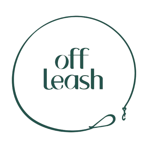 A minimalist green circular design includes the words "off leash" inside, with a simple leash graphic forming the circle, perfect for pet care branding.