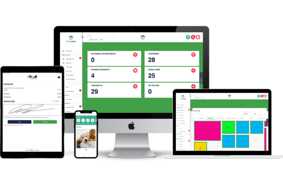 Multi-device display of RunLoyal's dog care software with various features.