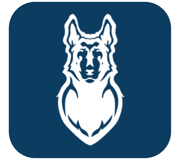 A stylized graphic of a German Shepherd dog head in white on a dark blue background, perfect for any dog training or grooming service. The design is in a rounded square shape.