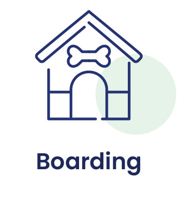 Icon of a doghouse with a bone symbol above its entrance. Below the icon, the word "Boarding" is written in bold text, reflecting its dual-purpose for both boarding and dog daycare services.