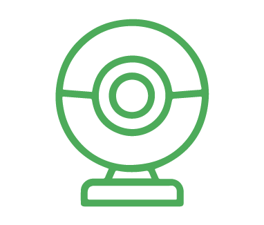 Green line drawing of a webcam with a circular lens on a stand, perfect for monitoring your dog daycare activities or capturing moments during grooming sessions.