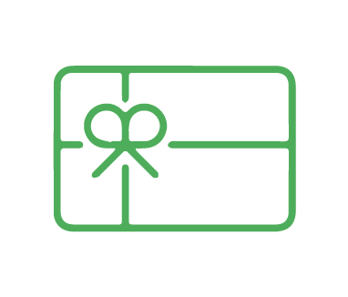 Green outline of a gift card with a ribbon bow in the center on a white background, ideal for redeeming at pet care services or dog daycare.