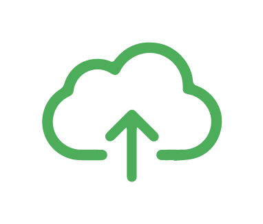 A green cloud icon with an upward-pointing arrow, reminiscent of the care in dog grooming, indicating a data upload or cloud service.