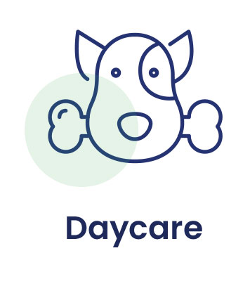 Line drawing of a dog with bones on either side of its face above the word "Daycare," highlighting pet care and grooming.