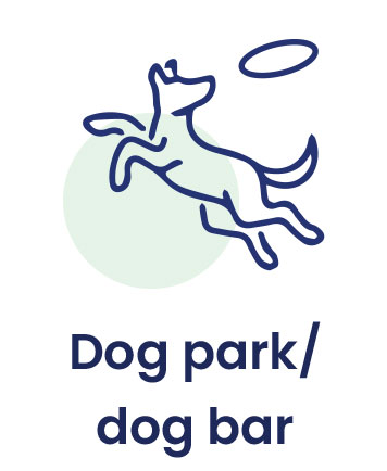 Illustration of a dog jumping to catch a frisbee, with the text "Dog park/dog bar" below it, perfect for showcasing fun aspects of pet care and dog training.
