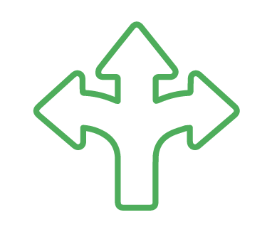Green icon of a three-directional arrow, pointing left, right, and up, symbolizing balance and direction—a perfect emblem for comprehensive pet care solutions.