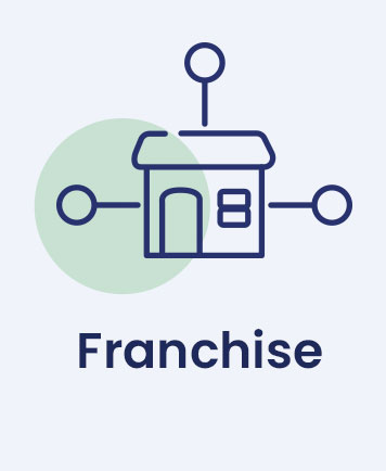 Line drawing of a small building with three connected dots above it, indicating a pet care franchise. The word "Franchise" is written below the illustration.