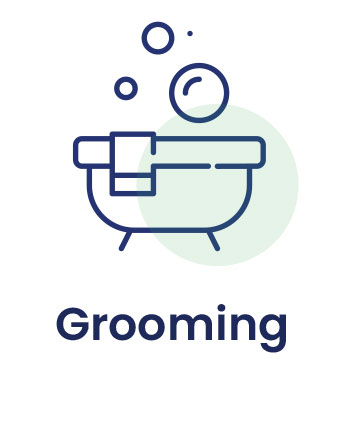 Icon of a bathtub with bubbles and a towel, accompanied by the word "Grooming" below, ideal for dog daycare centers.