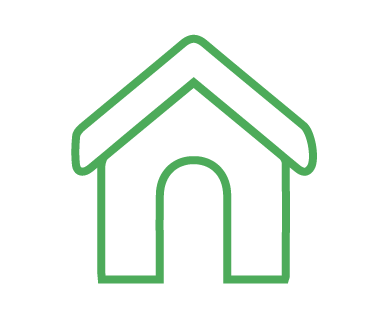 A simple icon of a house with a green outline and black fill, perfect for representing pet care services. The house has a pointed roof and an arched doorway in the center.