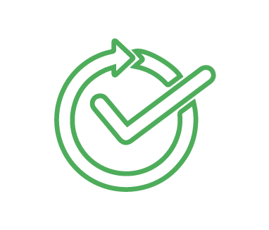 A green circular arrow surrounding a green check mark, ideal for pet care services like dog daycare and grooming, on a transparent background.