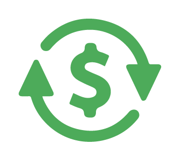 Green dollar sign surrounded by two circular arrows pointing in opposite directions, symbolizing the balance and flow of finances, much like the seamless operation of a well-run dog daycare.