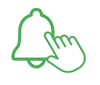 A green outline of a bell icon with a hand icon overlapping it, indicating notification settings or alerts—perfect for dog daycare updates.