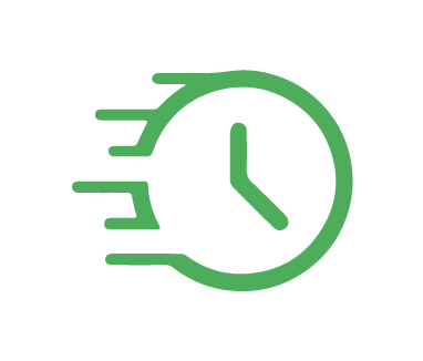 Green clock icon with motion lines on the left, suggesting speed or fast passage of time, ideal for promoting efficient pet care services.