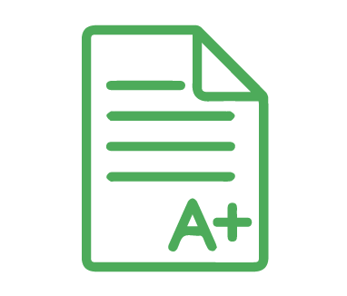 Green icon of a document with lines representing text and an "A+" grade at the bottom right corner, akin to receiving top marks in dog training.