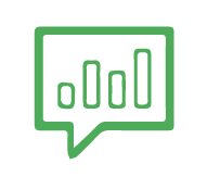 Green speech bubble icon with four vertical bar charts inside, perfect for tracking metrics at a dog daycare or boarding facility.