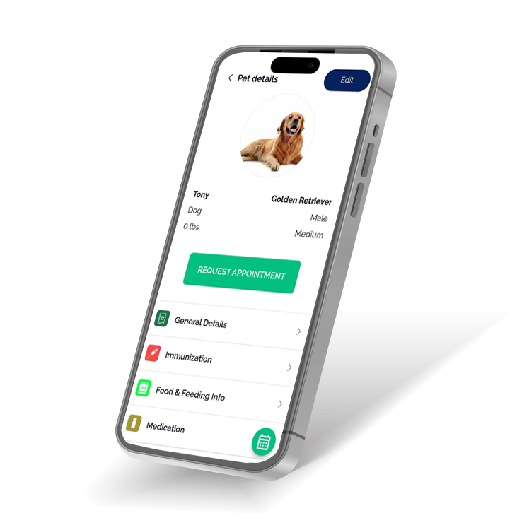 Mobile app interface showcasing a pet profile for dog care management.