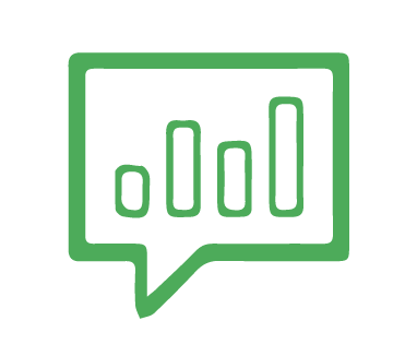 Green icon of a speech bubble containing a bar chart with five vertical bars of varying heights, perfect for showcasing insights in dog training progress.