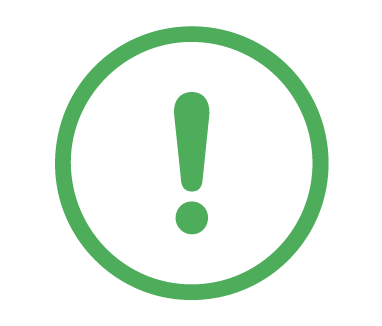 A green exclamation mark inside a green circle signifies important information about dog training.
