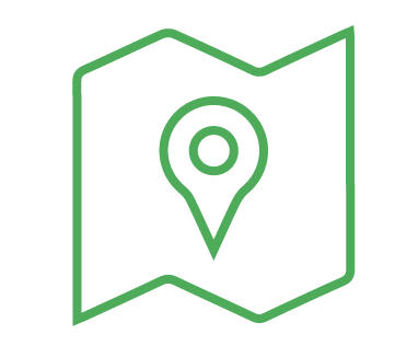 Simple green icon of a map with a location pin marker in the center, perfect for locating top-rated grooming and boarding services.