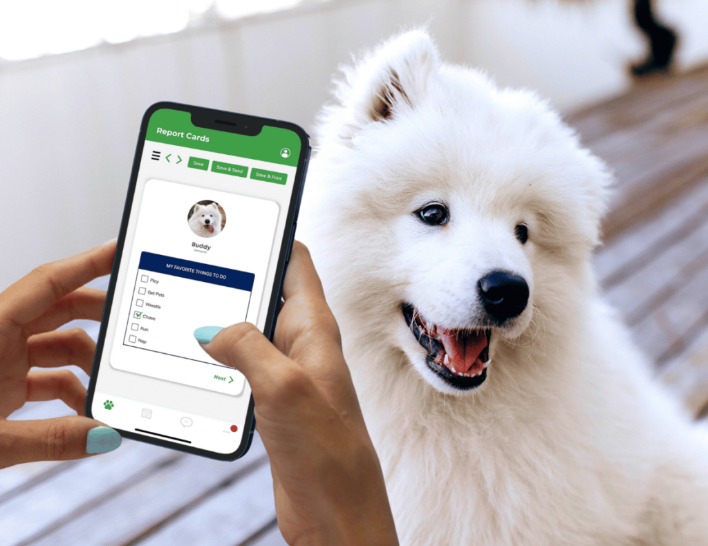 A person holds a smartphone showcasing a branded app's dog report card feature, with a happy white dog lounging in the background.