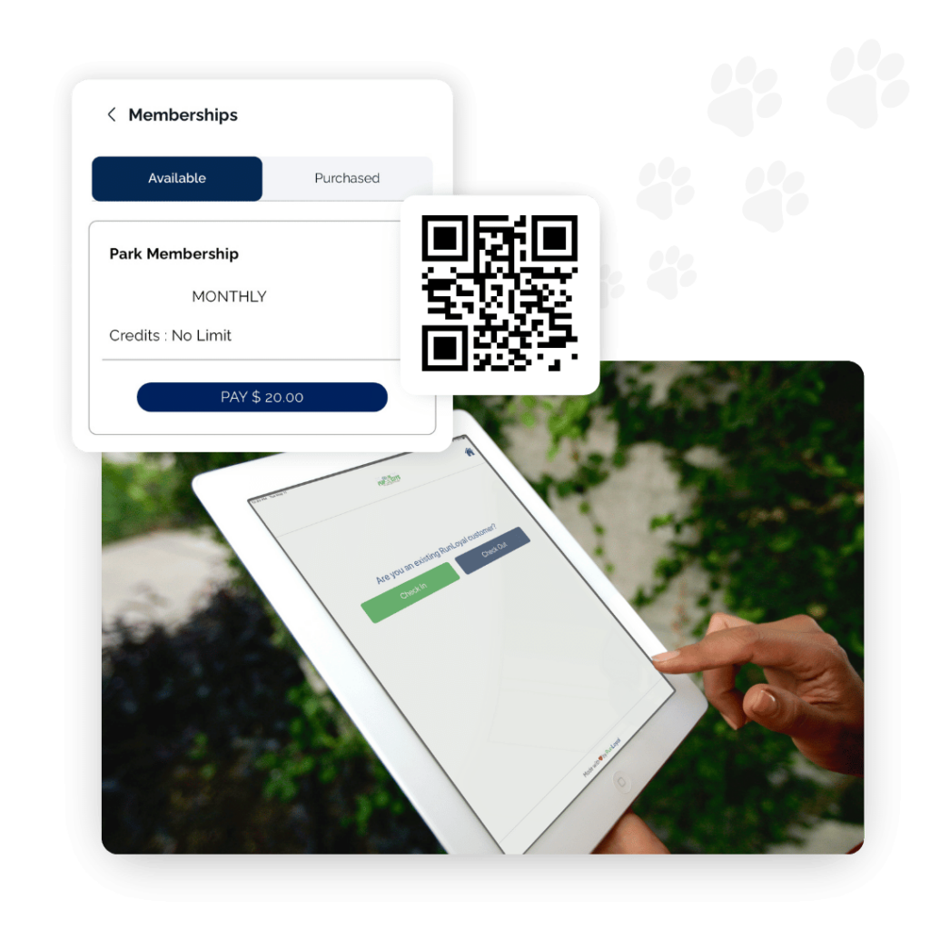 A person uses a tablet with RunLoyal Dog Business Software to choose park membership options. A QR code and paw print graphics highlight features for boarding, daycare, grooming, and more.