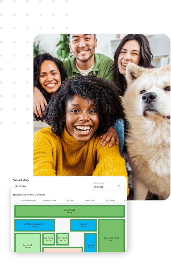 A team of three people smiling with their dog, gathered around a digital calendar showcasing their business planning interface.