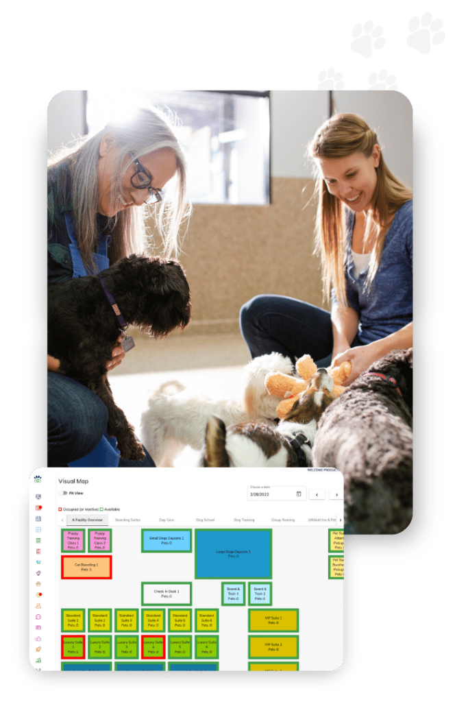 Two people sit on the floor indoors, engaging with multiple small dogs, showcasing the joy and warmth that Home v2 brings. A digital visual map is partially visible at the bottom of the image, contributing to their shared experience.