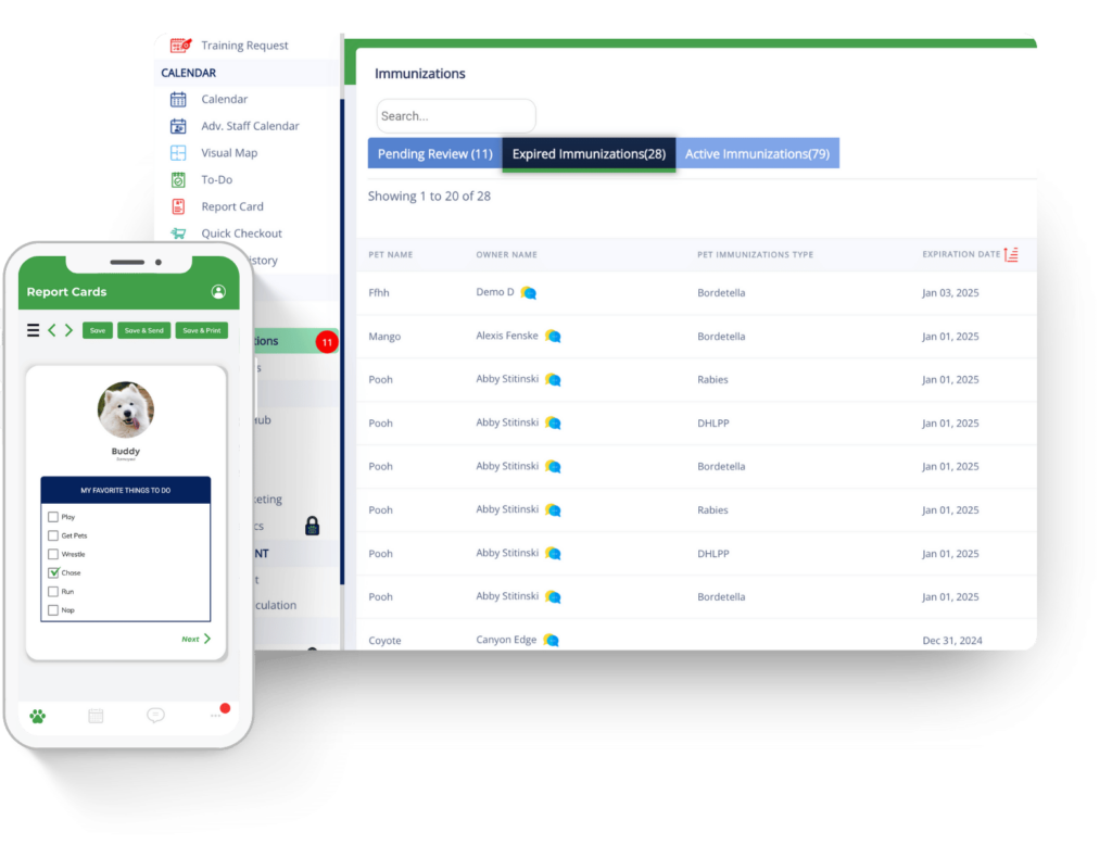 A mobile and desktop view of a pet management software. Mobile shows a report card with a dog photo. Desktop displays immunizations list with tabs for pending, expired, and active.