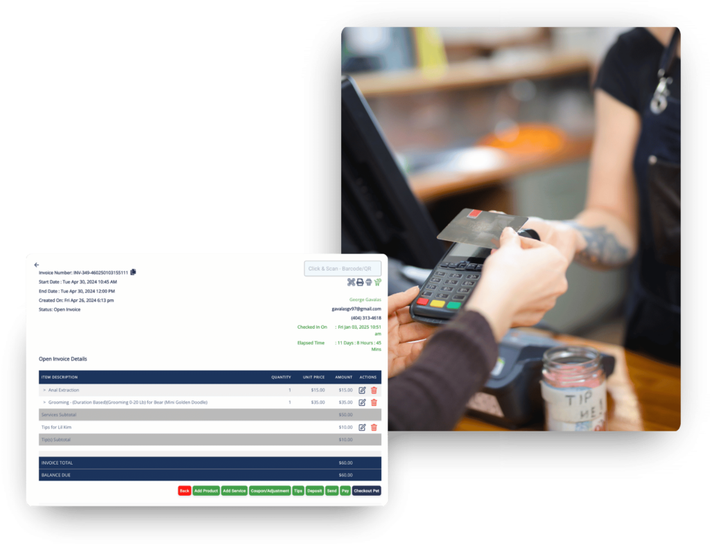 Using the latest technology, a person pays with a contactless card at a point of sale terminal; akin to an all-in-one dog boarding software, the transaction interface efficiently displays invoice details and payment approval.