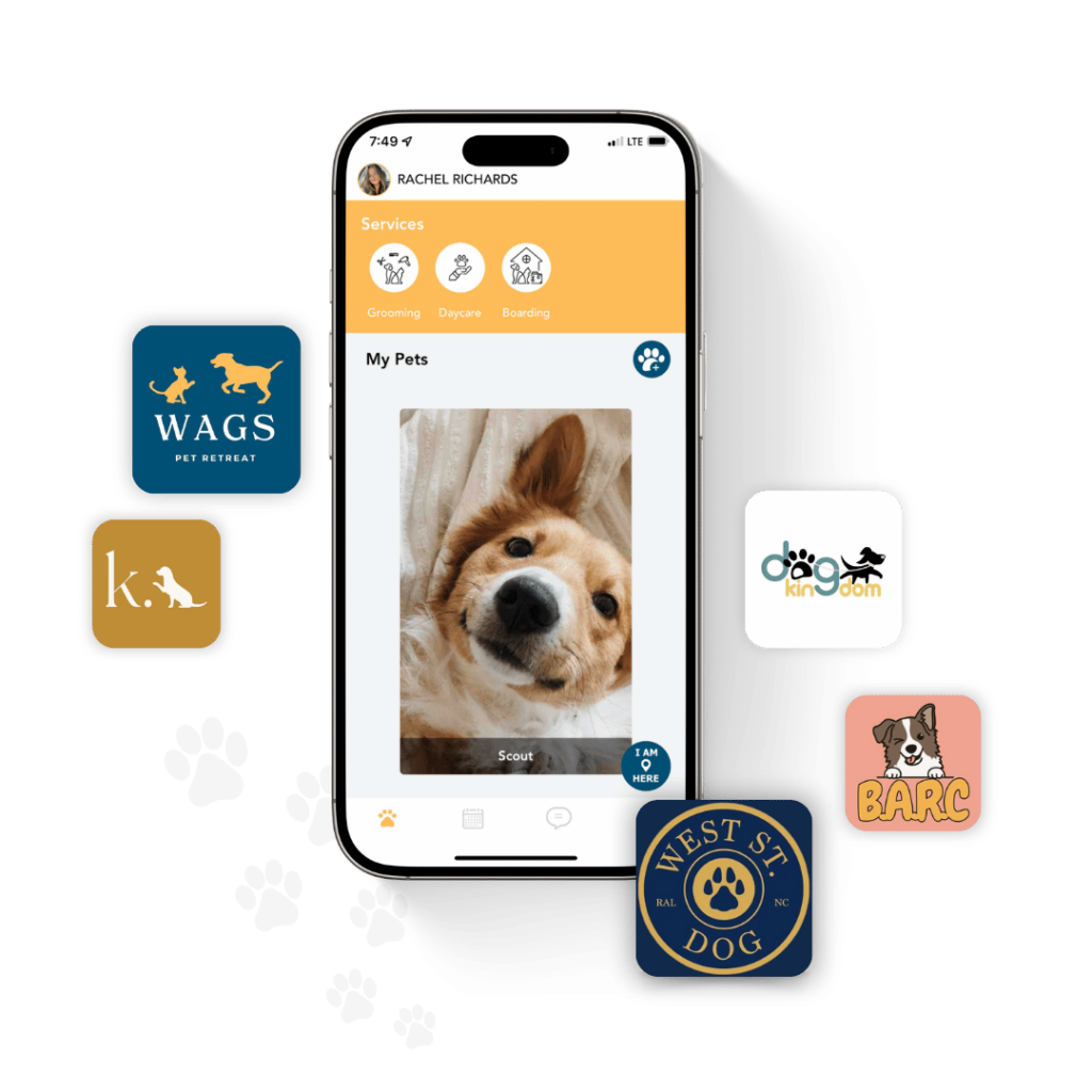 A smartphone displays a pet care app featuring a dog's picture. Surrounding it are logos of pet service providers, paw print graphics, and the RunLoyal branding, showcasing comprehensive pet care software solutions at your fingertips.